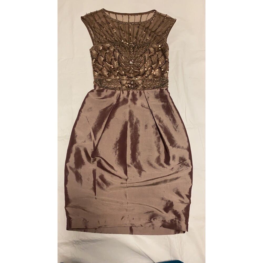 Sue Wong Nocturne Women 2 Champeg V-Neck Beaded Sleeveless Sheath Dress Side Zip